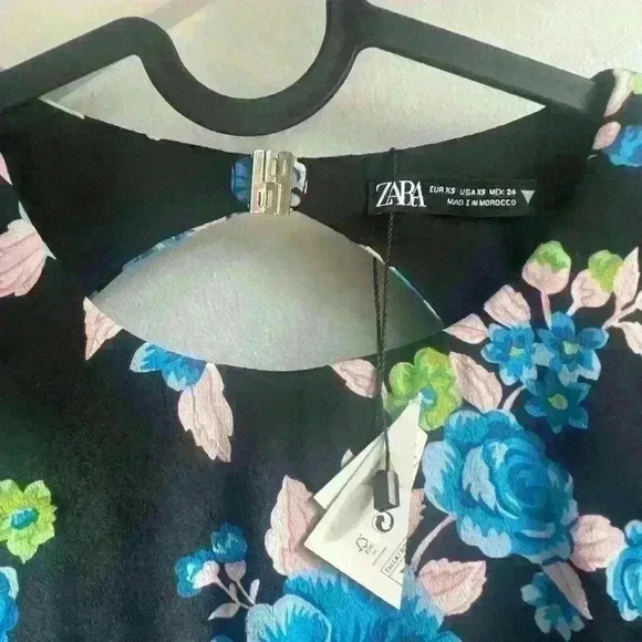 ZARA Floral Open Back Long Sleeve Blue Black  Pink Mini Dress size XS - Picture 8 of 10
